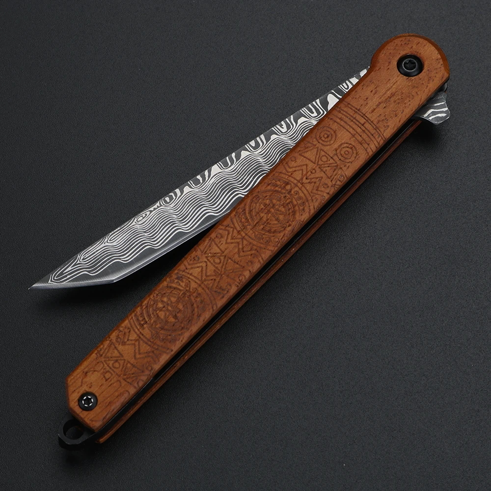 Myanmar yellow sandalwood Damascus folding knife high hardness outdoor knife camping EDC tool knife including scabbard