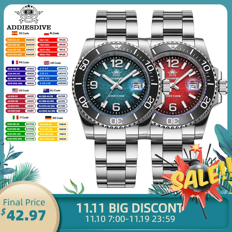 

ADDIESDIVE NEW 41mm Quartz Watches for Men AR Coated 200m Waterproof Diver Watch BGW9 Super Luminous Stainless Reloj Hombre ﻿