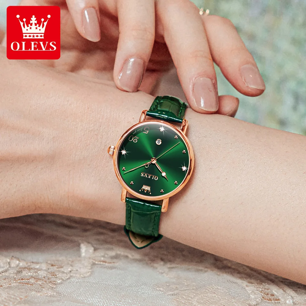 OLEVS 5505 Original Quartz Watch for Women Fashion Genuine Leather Strap Calendar Waterproof Women\'s Wrist Watch Gifts