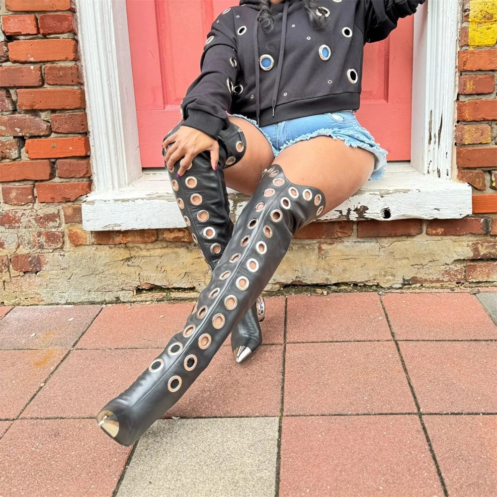 كعب دائري المعادن العيينة الأحذية مصمم فاسق نمط الإفراط في الركبة الأحذية السوداء بولي Leather جلد الذهب وأشار الأحذية تخصيص الألوان #2