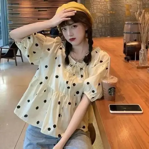 

Light Luxury Jacquard Balloon Sleeve Pintuck Loose Short Sleeve Shirts Womens Artistic Preppy Urban Student Youthful Chic Ins