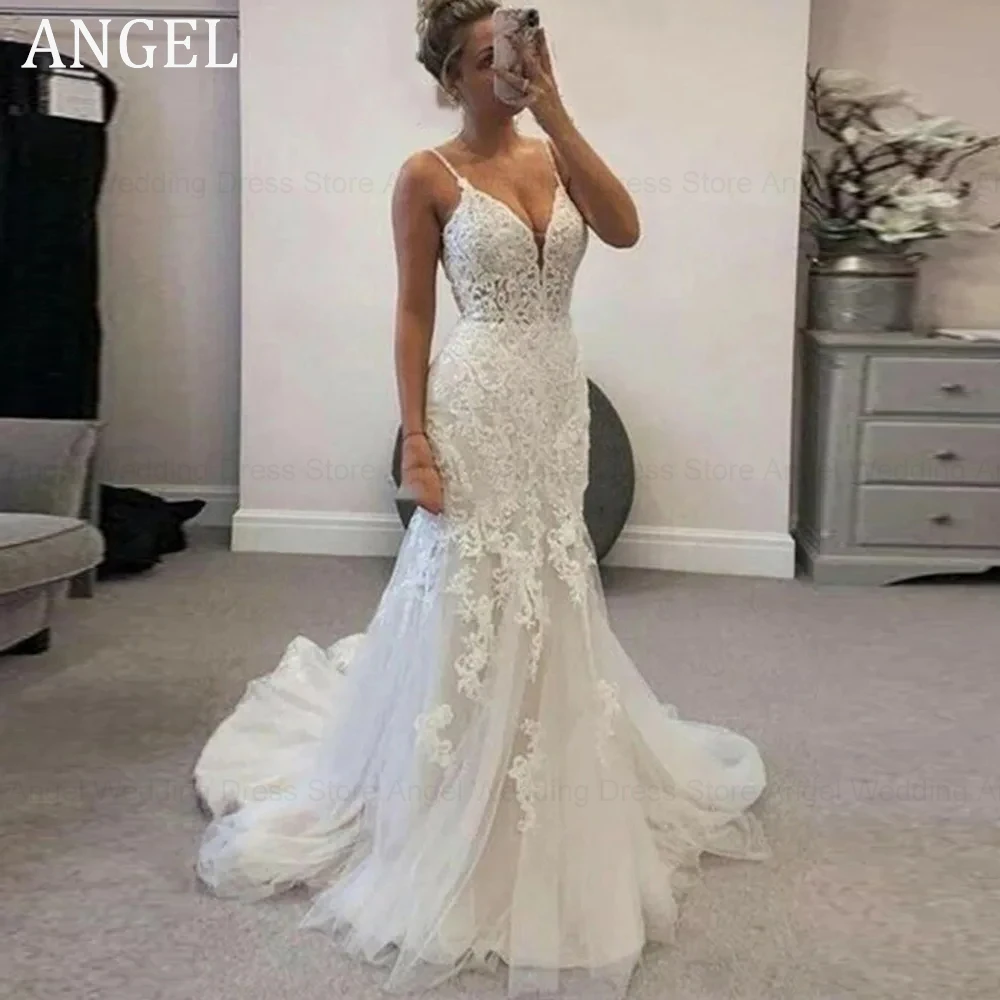 Angelo Sexy profondo scollo a v abito da sposa senza spalline Appliques di pizzo spiaggia sirena abito da sposa Backless Train Vestido De Novia