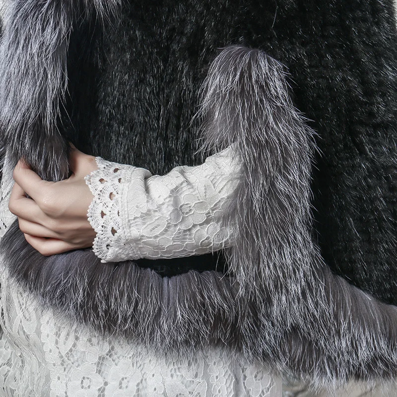 Real  Genuine Natural mink  coat for women Fashion Knit Jacket Cape fox fur collar shawl white knitted autumn winter coat