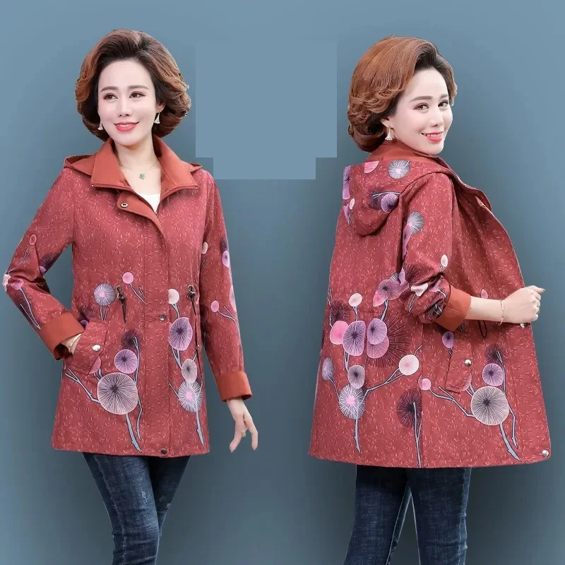 Spring Autumn Female Windbreakers 2023 New Middle-aged Woman Slim Print Hooded Mid Long Trench Coat Women\'s Basic Coats Size 5XL