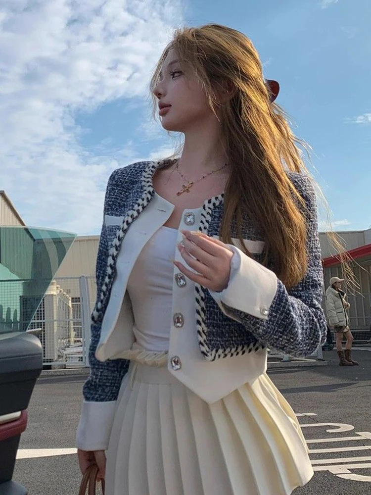 French Elegant Crop Jacket Women Fashion Button O Neck Patchwork Short Coats Blue Long Sleeve Office Lady Chic Female Outwear