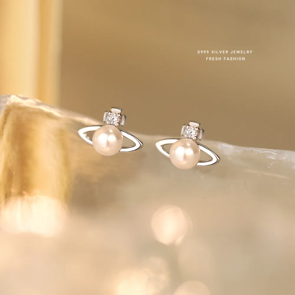 Fashionable Simple 999 Sterling Silver Zircon Planet Shell Earrings for Women Exquisite Light Luxury Jewelry