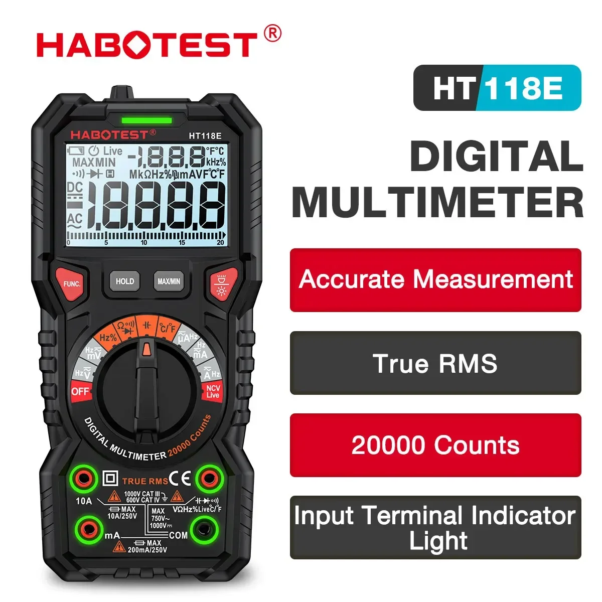 HABOTEST HT118 Multimetro digitale AC/DC NCV Conteggi Multimetro professionale Gamma automatica Ture RMS Tensione Corrente Ohm Hz Tester