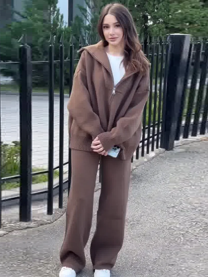 Streetwear Gestrickte 2-teilige Sets Frauen Outfit Herbst Kleidung Frauen Zipper Pullover Top und Hose Sets Lässige Trainingsanzüge Frau Sets