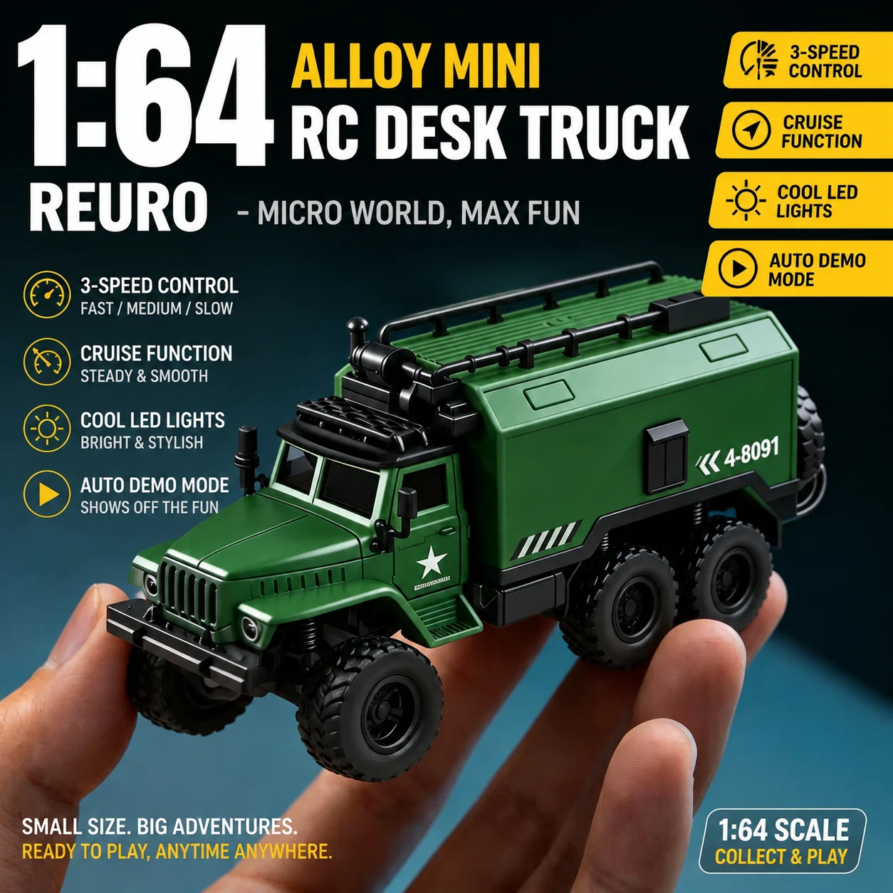 1:64 Alloy Mini RC Military Truck, 4WD Off-Road Rechargeable Mini RC Car with LED Lights, Desktop Desk Toy Gift for Kid