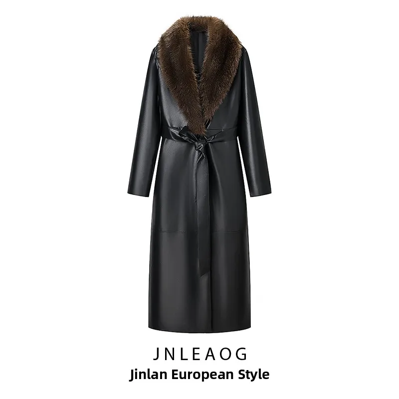 Fashionable Detachable Fur Collar Long Leather Coat Women's Clothing Autumn New Style Versatile Commute Style Polyester Fiber