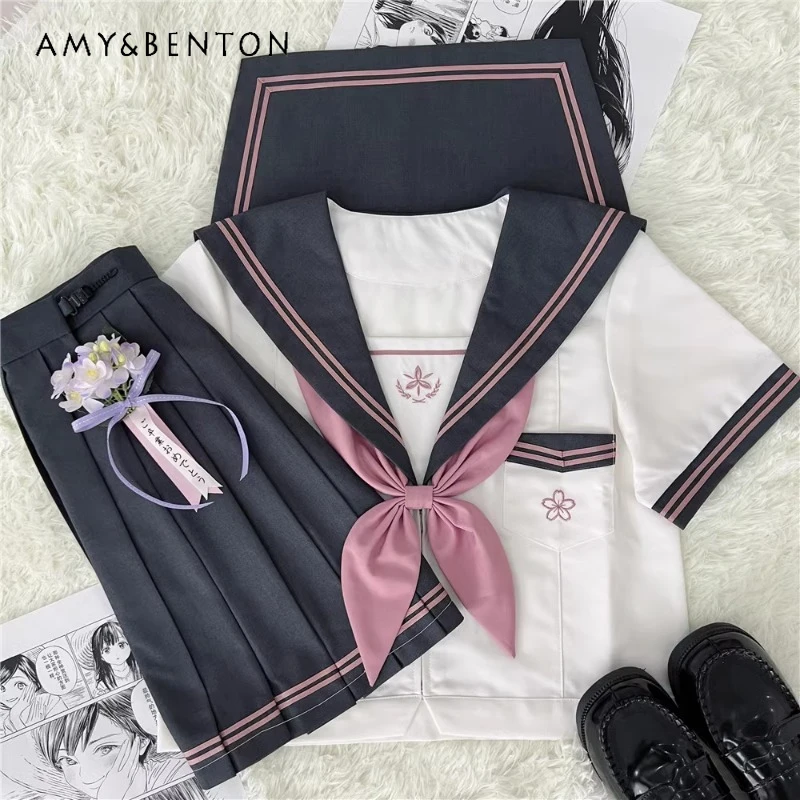 

New Japanese Lolita Sailor Suits JK Uniform Preppy Style Sweet Sets Long And Short-Sleeved Top Skirt Spring Summer Clothes Girls