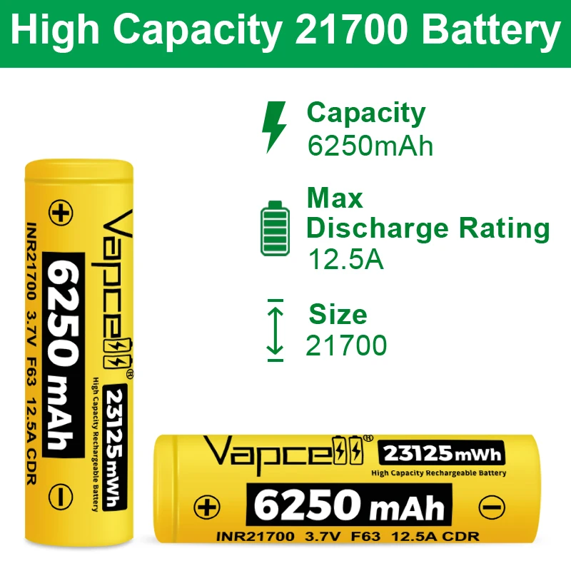 الأصلي Vapcell INR 21700 بطارية ليثيوم قابلة للشحن 6250mah F63 3.7V CDR 12.5A 21700 بطارية عالية السعة لمصباح يدوي