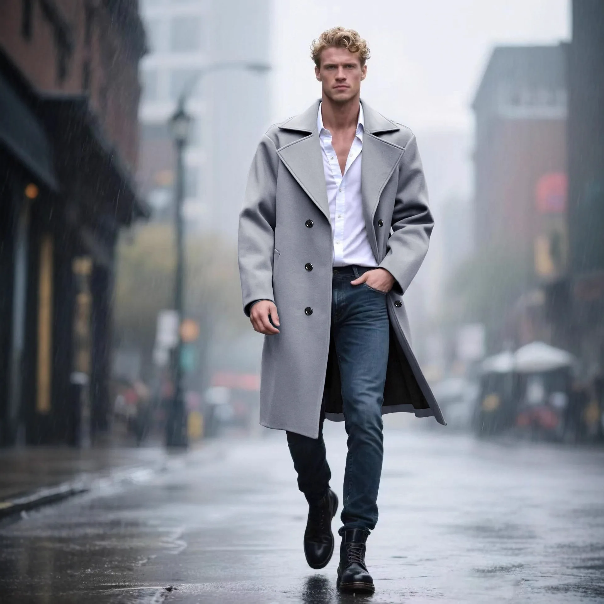 

Men's Double-breasted Fashion Casual Solid Color Woolen High-end Trench Coat