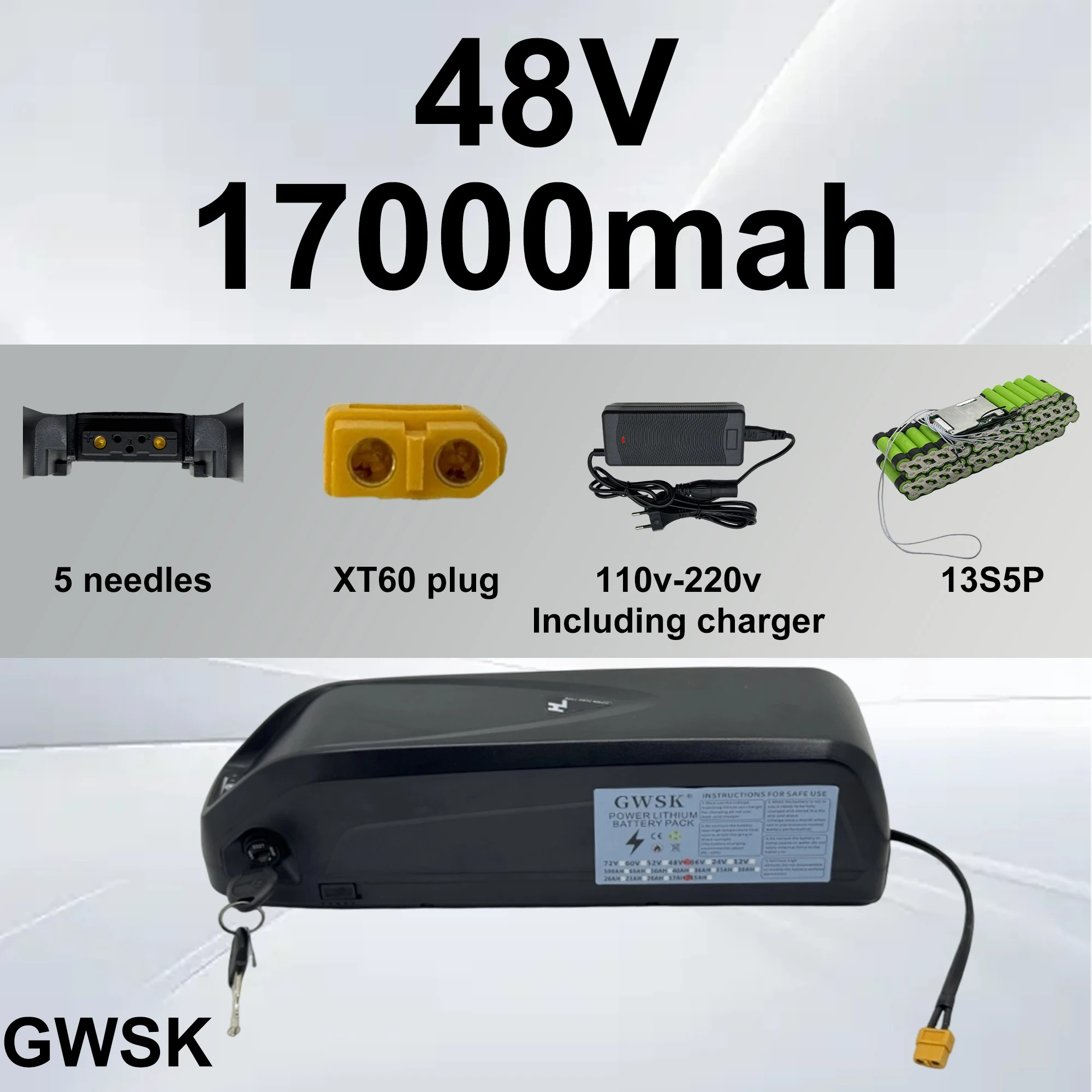 

18650, 5-pin XT60 Hailong battery, 36V48V 17AH-20AH lithium battery pack, suitable for mountain bikes and electric scooters