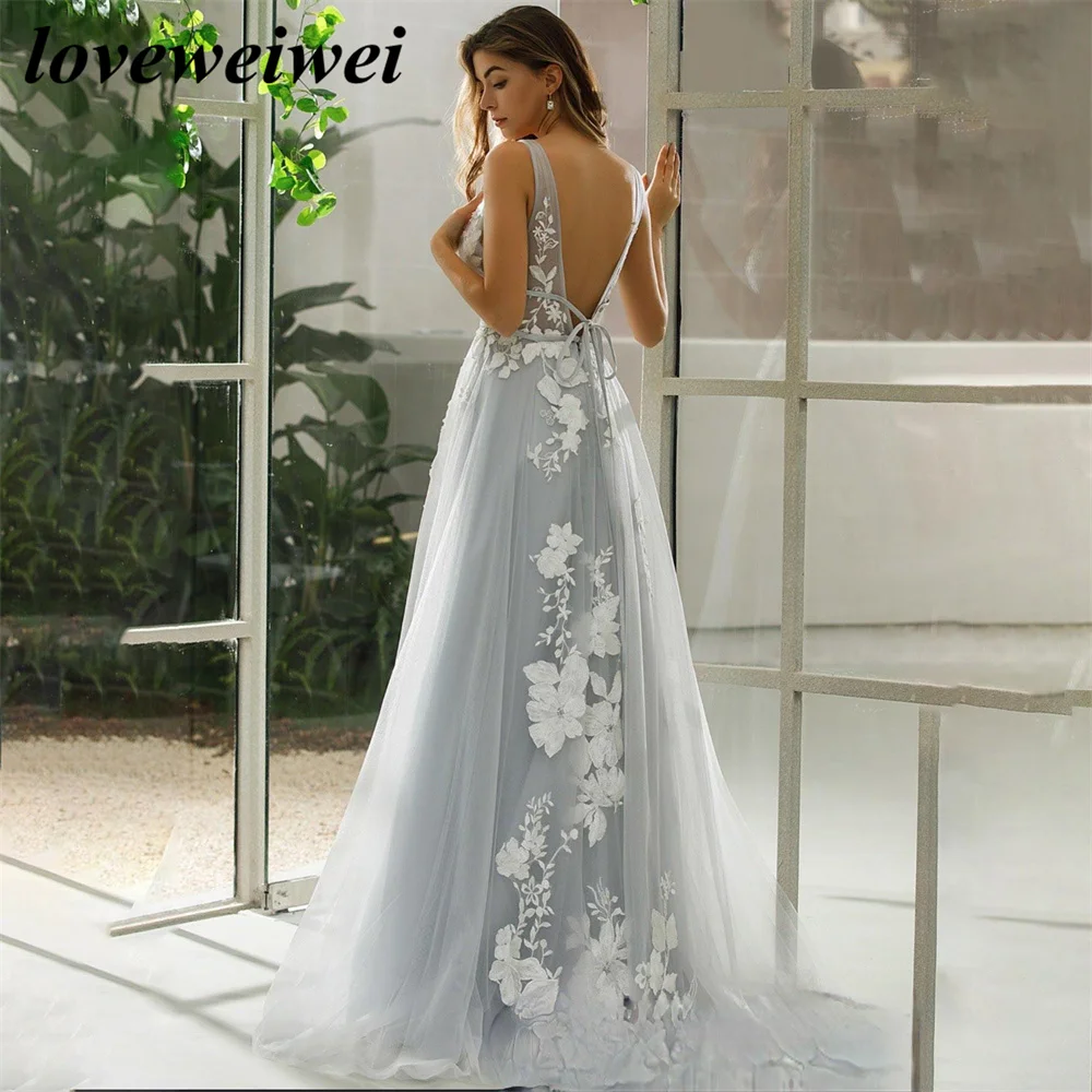 Fascinating Modern V-Neck Women's Wedding Dresses Vintage Lace Appliques A Line Bride Gowns Backless Sleeveless Robe De Mariée