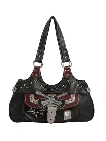 Torba na ramię w stylu Y2K Gothic Black dla kobiet - Punkowa torebka z nitami, ciemny grunge, streetwear, retro skórzana torba crossbody z lat 2000.