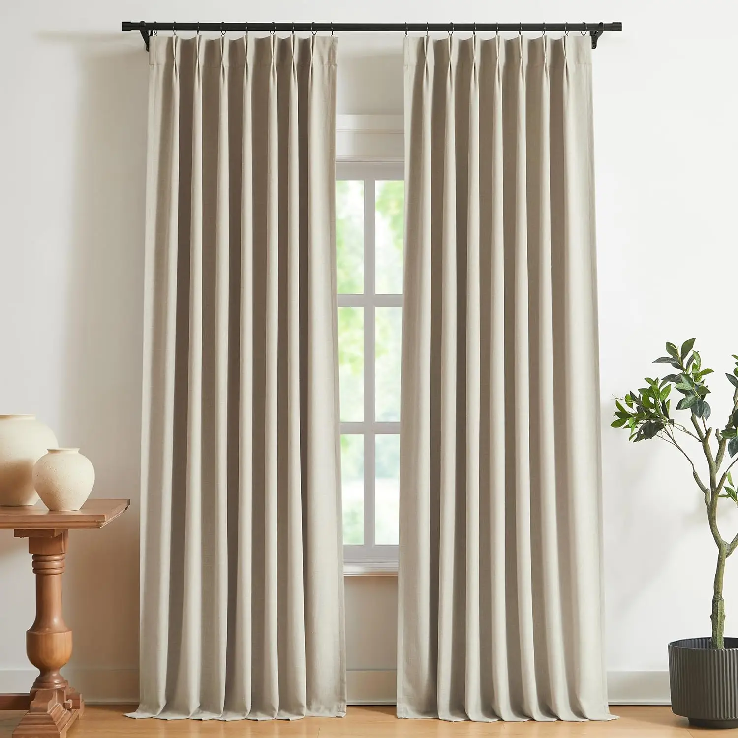 

Sand Pinch Pleated Full Blackout Curtains Linen Blended Room Darkening Window Curtains 90 inch for Living Room Bedroom T