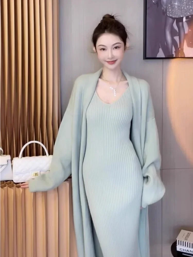 QNPQYX French Women Cardigan Solid Mid-Length Sweater Cardigan Female Jumpers Utumn Graceful Dress Two-piece Set