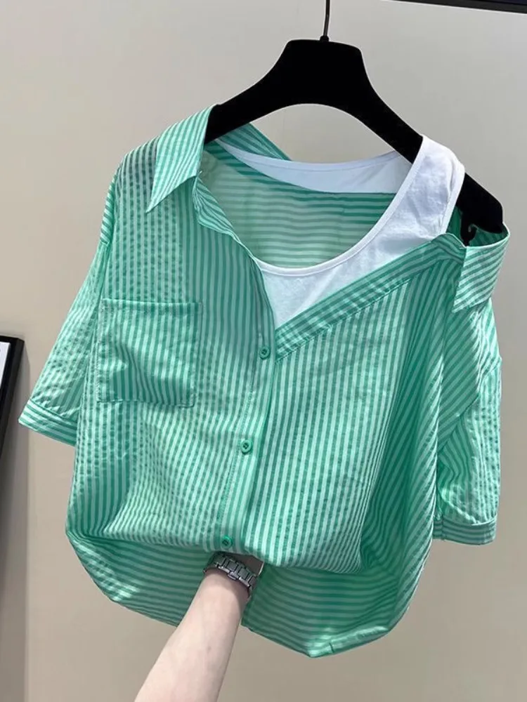 

off shoulder Fake Two Piece Shirts sexy loose Casual Button Up Short Sleeve Shirt green Striped Sweet Women Summer Blouses 2025