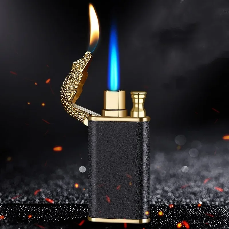 Metal Outdoor Windproof Butane Gas Lighter Dual Fire Conversion Blue Flame Metal Crocodile Unusual Lighter Creative Gift for Men