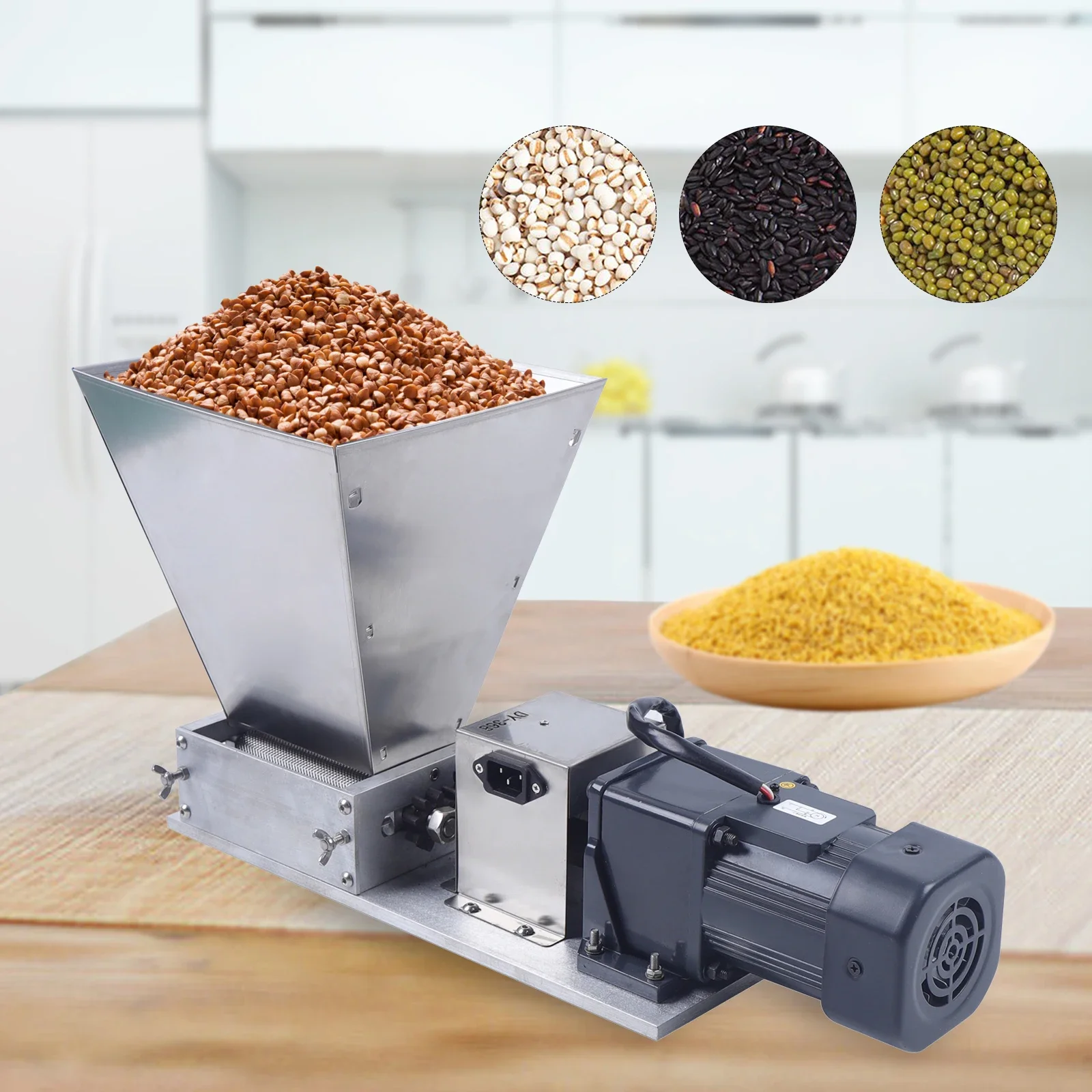 Electric Grain Mill Grinder Corn Wheat Barley Grinding Machine Feed/Flour Dry Wet Cereal Machine with 2 Roller + 4 Hopper 110V