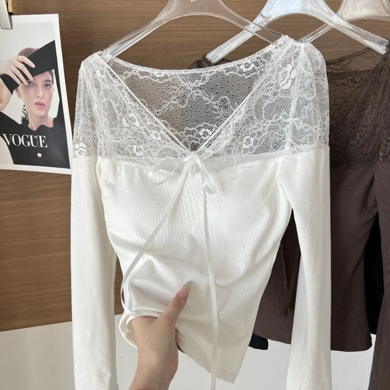 Hollow Out Lace Patchwork White T Shirts Women Long Sleeve Basics Korean Y2k Clothes Bow Casual Laodes Black Tops Tees with Bra