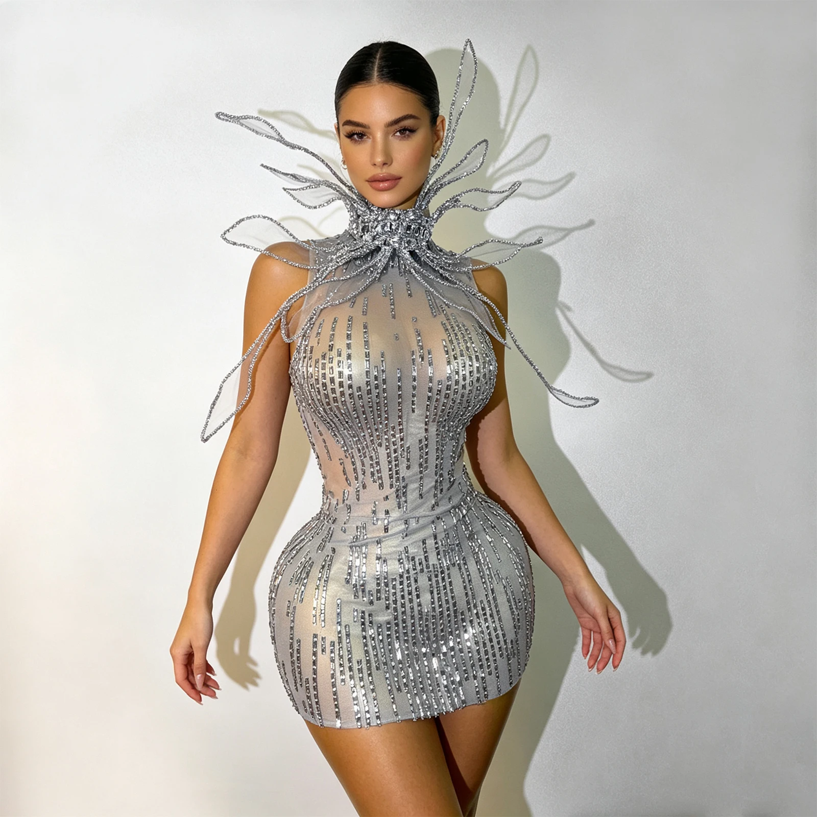 

Luxurious Sparkly Crystal Mesh Dress 3D Butterfly and Rhinestone Body Fit Design Queen Carnival Party Stage Performance Costume