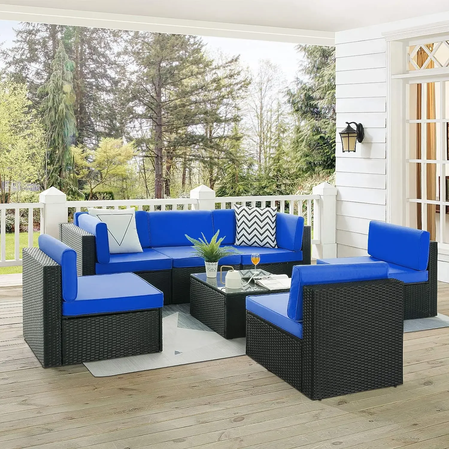 5/7Pieces Outdoor Furniture Rattan Sectional Patio Sofa, Outdoor Backyard Porch Garden Poolside Balcony Wicker  Set with Table