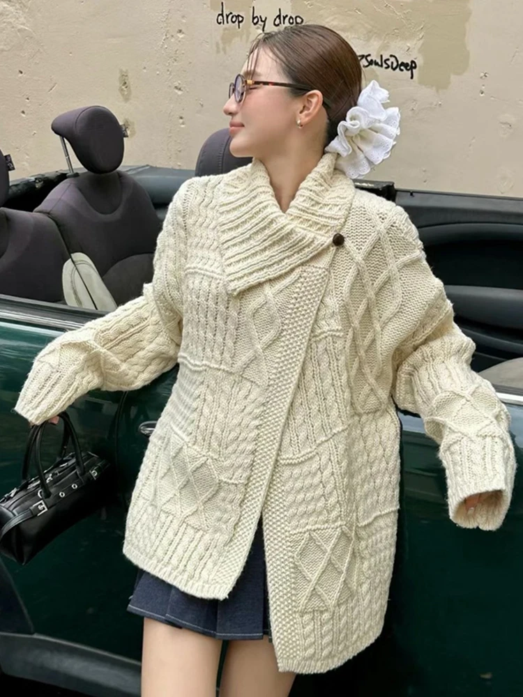 Vintage Elegant Cardigan Women Loose Design Sweet Knitted Sweaters Fall Winter Retro Casual Lazy Wind Long Sleeve Lady Tops Coat