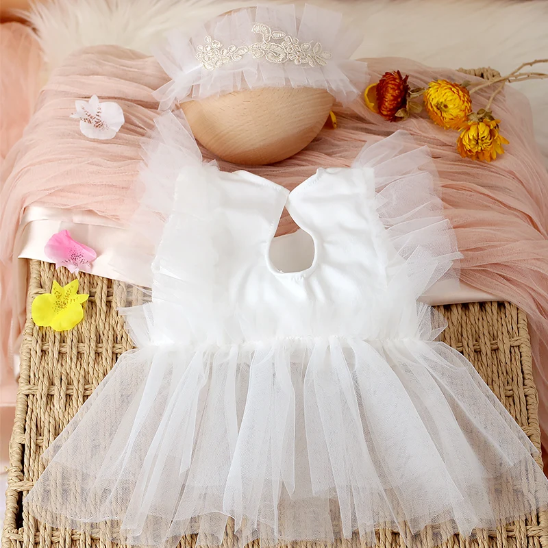 Ylsteed 2 Pieces Set White Newborn Lace Romper with Hairband Embroidery Baby Girl Photography Dress Outfits Infant Photo Props
