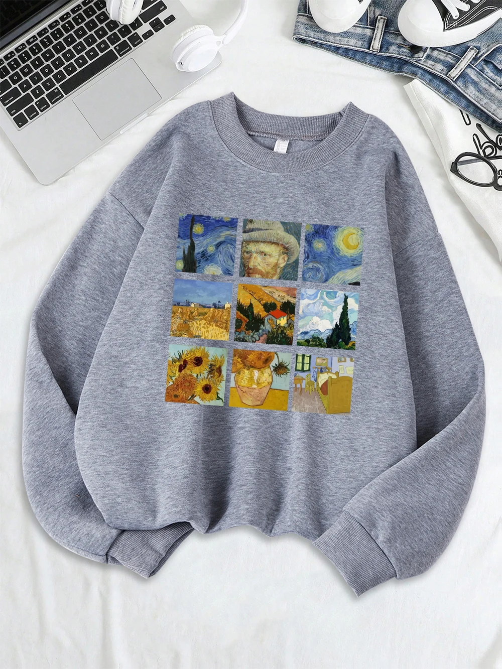 Felpa stampata Notte stellata di Van Gogh Felpa con cappuccio comoda da donna O-Collo in pile sciolto Pullover caldo Top casual da donna invernali