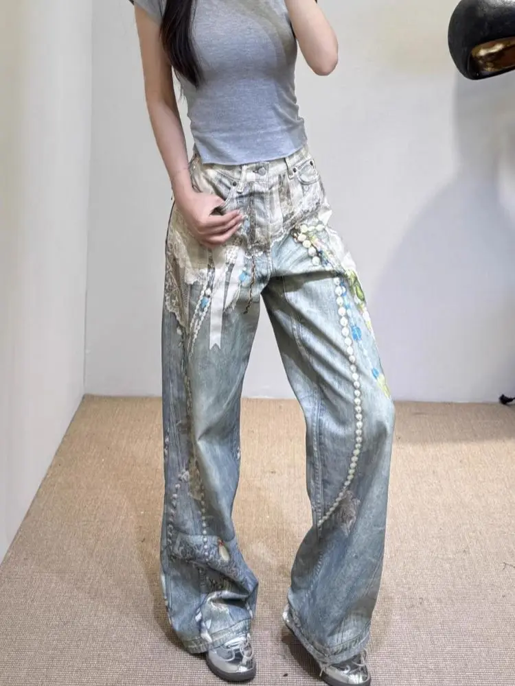 

Women Vintage Goth Pearls Print Y2k Jeans Harajuku Streetwear Hip Pop Baggy Emo Denim Trousers 2000s 90s Oversize Pants Clothes