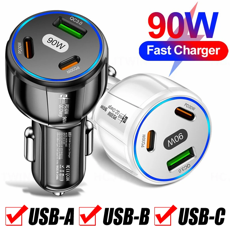 90W QC3.0 PD Type C USB Car Charger 3-in-1 Fast Charging for IPhone 14 Xiaomi Samsung Charger Cigarette Lighter Adapter Charger