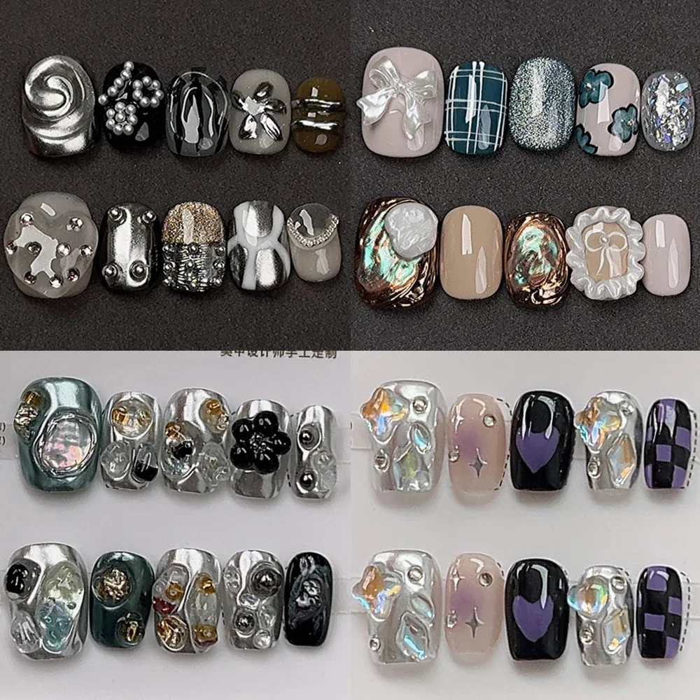 

10Pcs Handmade Luxury Short Square Round Press On Nail Y2K Rhinestone Magic Mirror Powder Artificial Manicure Wearable Nail Tips