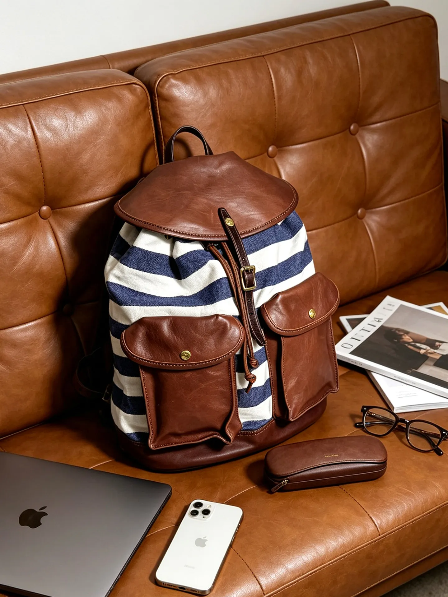 Stripe Canvas Leather Spliced Backpack Drawstring Flap Large Capacity Travel Rucksack for Men Women Casual School Daypack