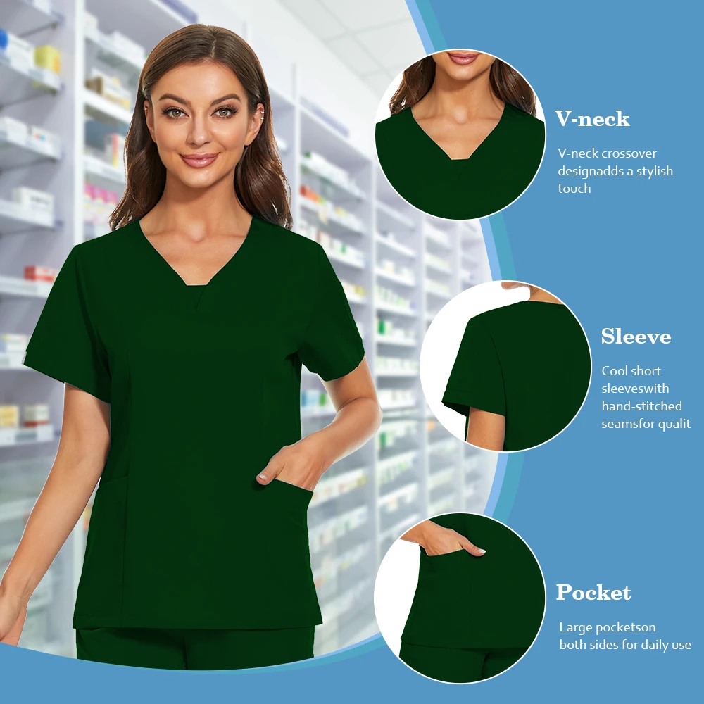 V-neck Short Sleeved Top Fashion Nurse Uniform Dentist Veterinary Work Uniform Unisex Healthcare Nurse Clothing Scrun Women Mens