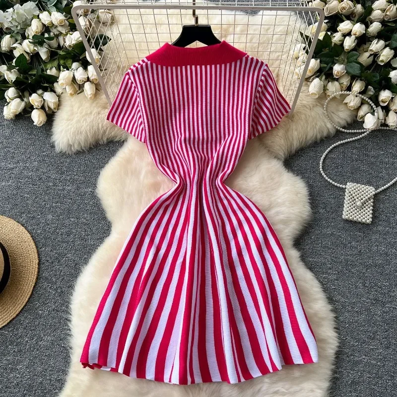 Vintage Striped Knitted Mini Dress Women Polo-neck Short Sleeve High Stretch Fit A-line Casual Dresses Streetwear Vestidos