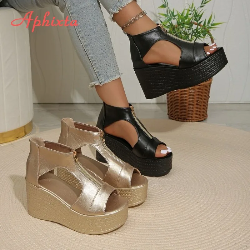 Aphixta Women's Platform Wedge Sandals Peep Toe Zipper Cutout Roman Sandals High Heel Summer Shoes Black Gold for Party Casual
