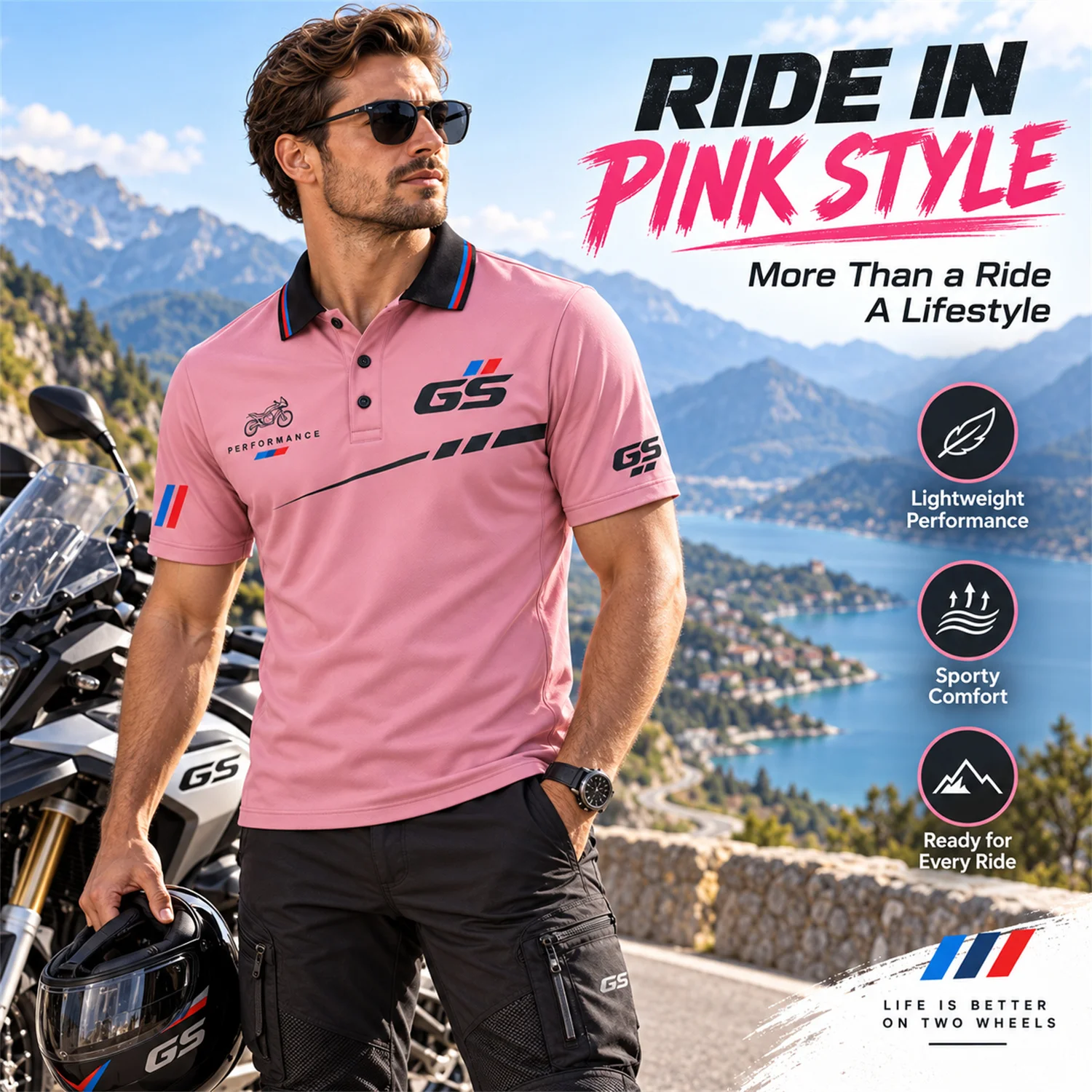 GS Motorrad Motorcycle Polo Shirt Short Sleeve Racing Jersey Pink Performance Biker Wear Unisex Adventure Riding Top Outdoor Cas