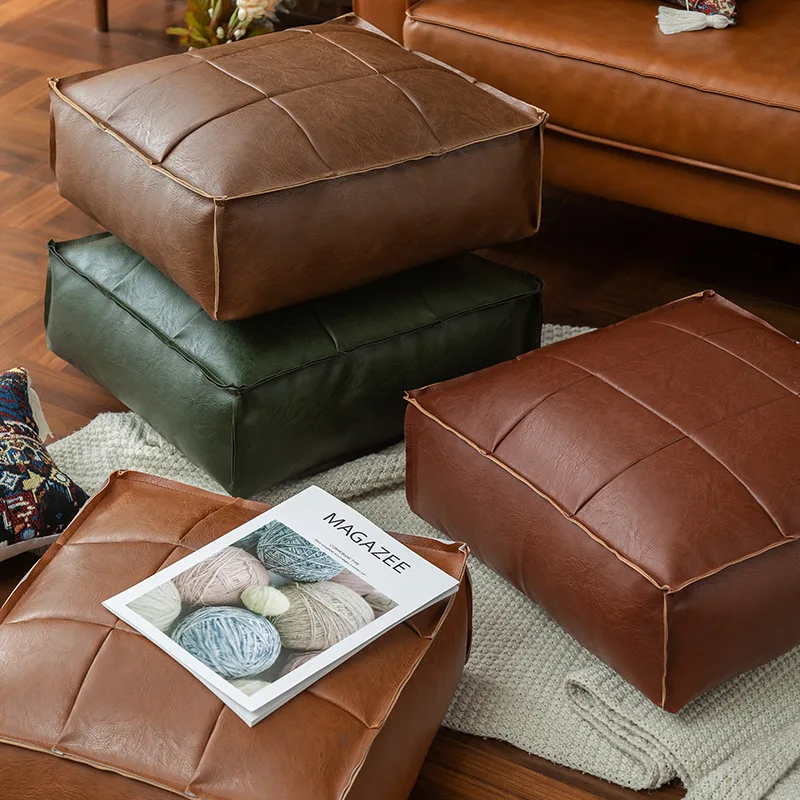 

Moroccan PU Leather Pouf Floor Cushion Oil Wax Skin Embroider Craft Ottoman Futon Cover Artificial Leather Unstuffed Cushion