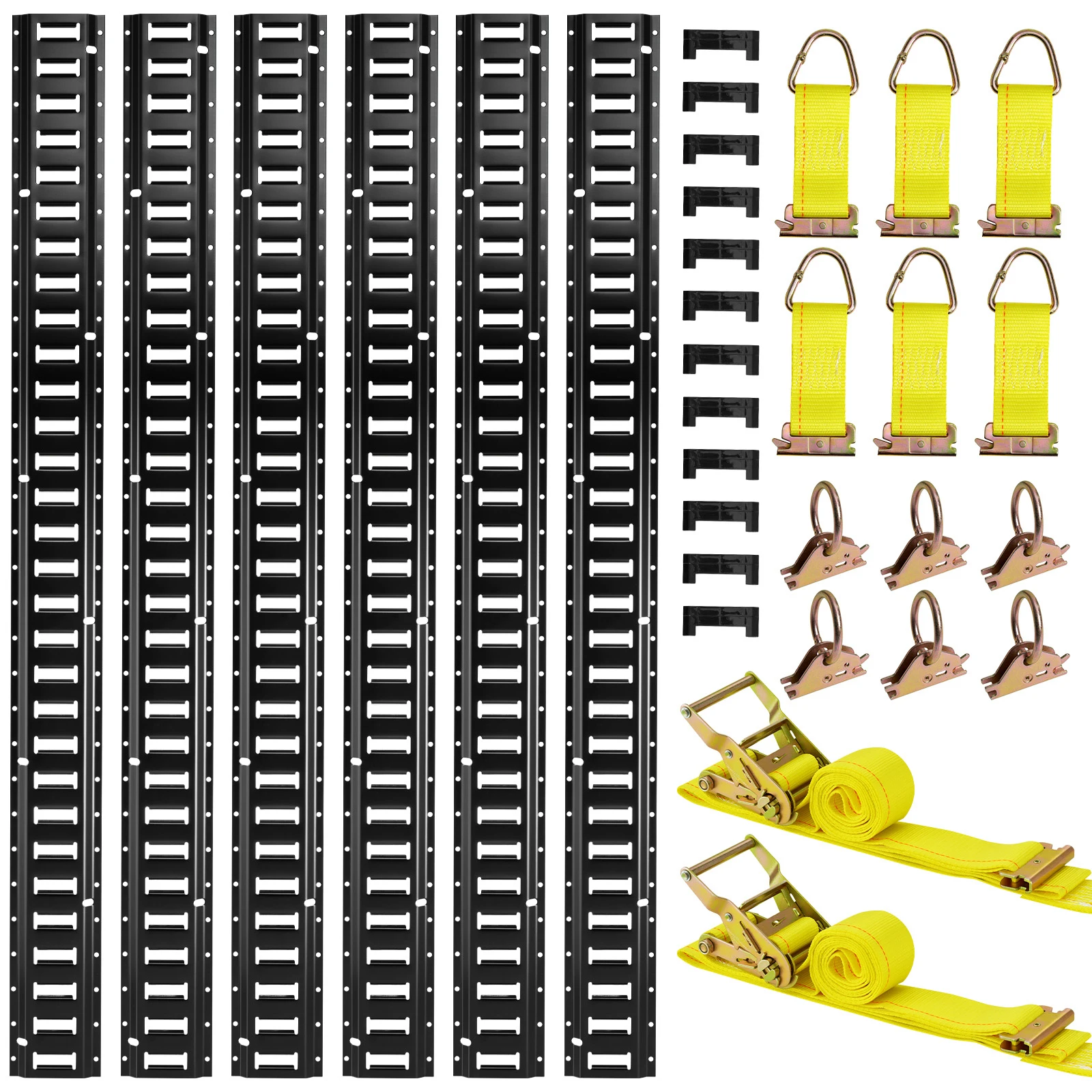 E-Track Tie-Down Rail Kit, 6 Pack 5 ft E Track Rails, 26 Pcs Includes 2 Ratchet Straps & 6 O-Rings & 6 Tie-Offs with D-Ring & 12 End Caps, Compatible with Garages Vans Trailers Motorcycles
