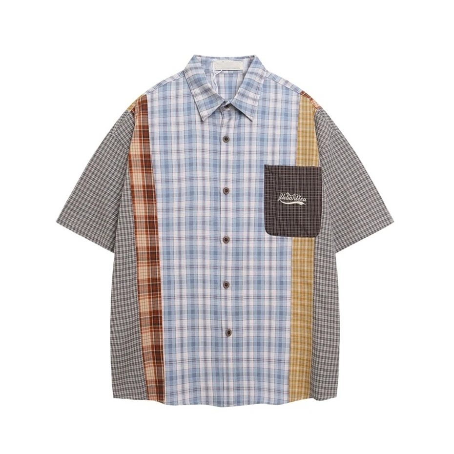 Patchwork Plaid Shirts Mens Streetwear Hip Hop Short Sleeve Shirt for Men Oversized Harajuku Vintage Japan Style Casual Blouse
