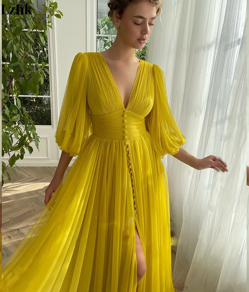 Customized Temperament Tulle A-Line Buttons Evening Dress High Quality V-Neck 3/4 Sleeves Floor Length Party Gowns Custom Made