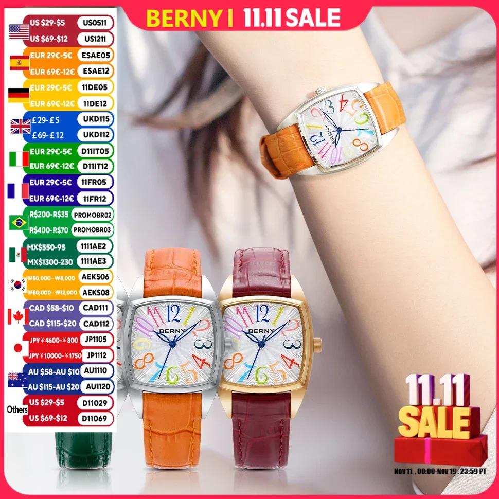 BERNY Women's Watches Elegant Casual S/S Leather Strap Square Quartz Woman Watch Ladies Colorful Numeral Easy Read Wristwatch