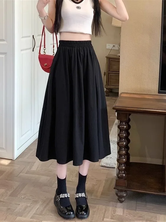 

High Waist Midi Skirt Women's Casual Elastic Waist Slimming A-Line Umbrella Skirt Korean Sle Commute High Waist