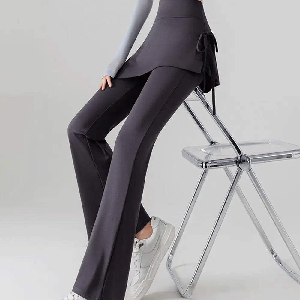 Stretch Fabric Flared Skirt Pants Drawstring Waist Slimming Design Yoga Leggings Bell Bottom Tummy Control Fake Two-Piece Pants