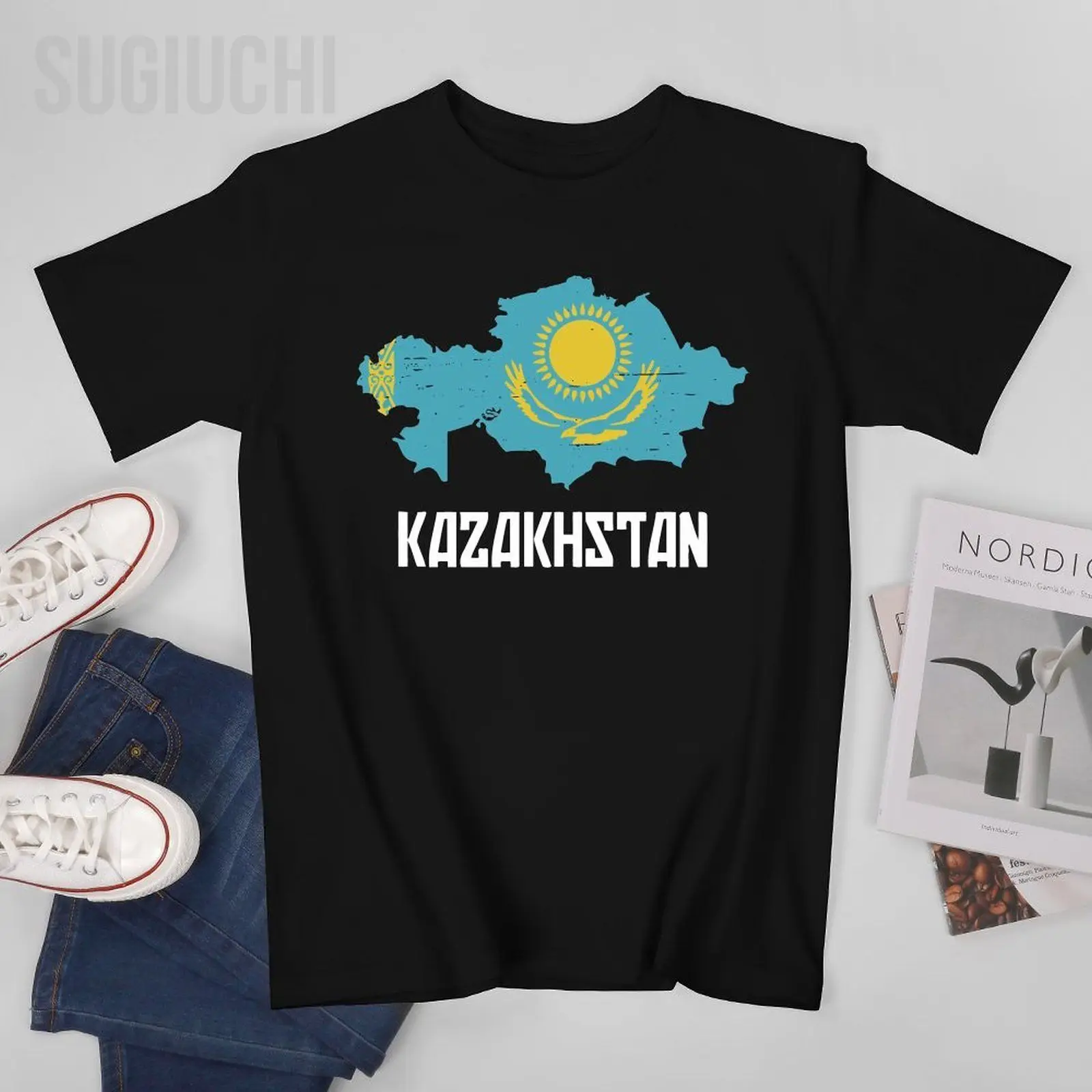 Unisex Men Vintage Kazakhstan Flag Map Tshirt Tees T Shirts Women Boys 100% Cotton T-Shirt