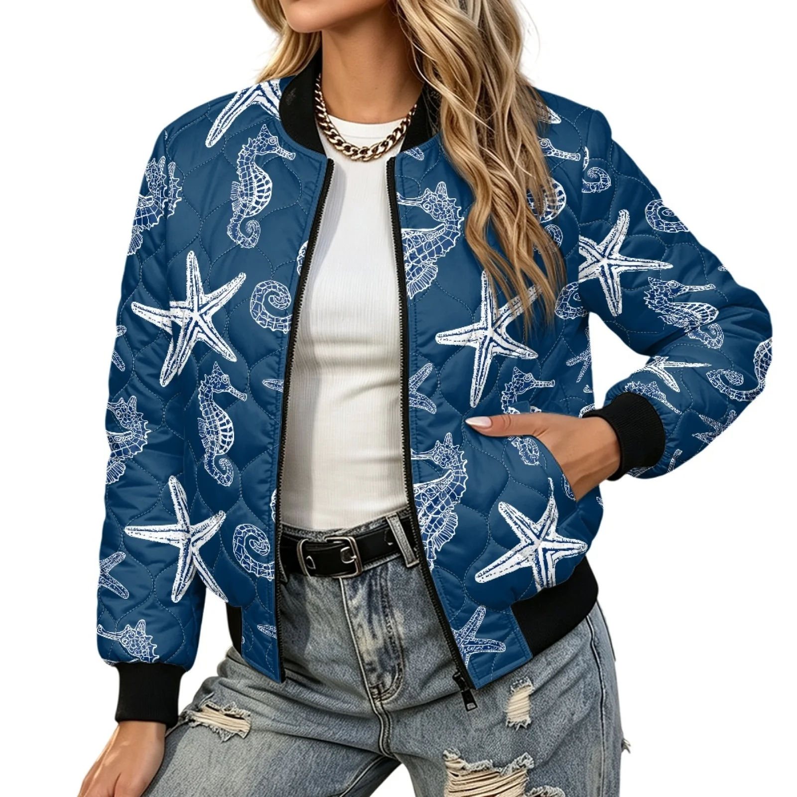 PENSTROLL Seahorse Starfish Women Casual Quilted Zip up Bomber Jacket with Pockets Cozy Long Sleeve Coat for Commuting