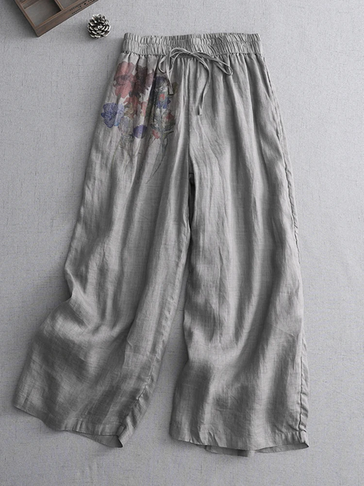 

Ретро тонкие хлопковые льняные прямые повседневные брюки с принтом, женские брюки большого размера с поясом, широкие брюки с высокой талией