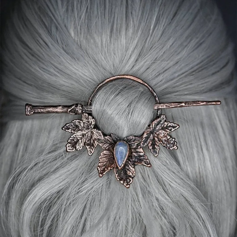 

Retro Carved Maple Leaf Creative Moonstone Women's Hairpin Nordic Style Fashion Personalized Hairpin